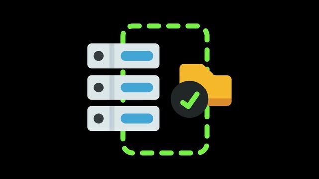 Vector illustration of a server rack icon with a file folder and a successful check mark