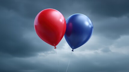 Fototapeta premium Two helium balloons, one red and one blue, float against a moody cloudy sky background.