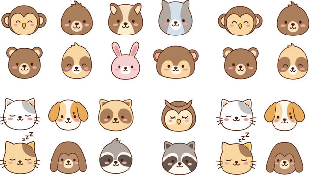 Cute animal faces vector illustration set with bear, cat, dog, rabbit and monkey, kawaii cartoon head icons collection isolated on white background