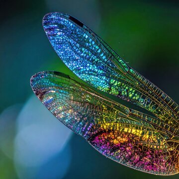Extreme closeup of dragonfly wings displaying iridescent spectrum colors, intricate venation texture, macro photography for nature backgrounds