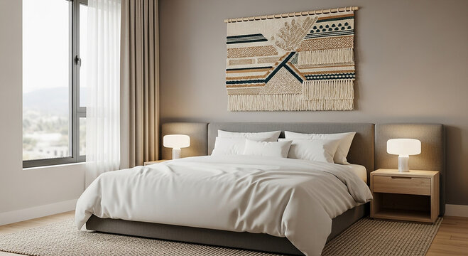 Bedroom with White Bed and Woven Wall Hanging Near Window pillows bedding