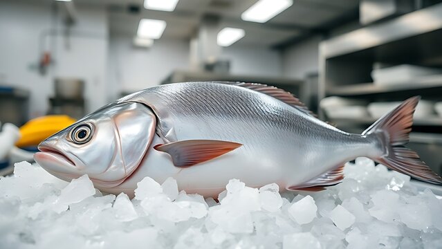 turbot. A whole silver-gray turbot fish on ice in a professional kitchen. menu design, packaging mockups, designed for culinary blogs and recipe cards for restaurants, used by art directors.