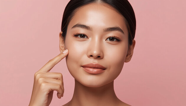Young woman with her hand on cheek on a pink background. Suitable for skincare products, beauty magazines, and targeted advertising materials.
