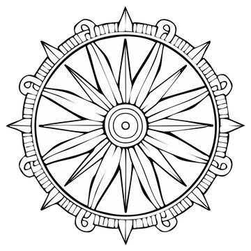 Intricate circular sunburst design with decorative border representing celestial navigation or ancient civilization art
