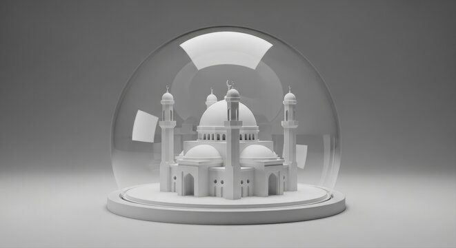 Miniature mosque model displayed inside a clear glass snow globe with winter scene.