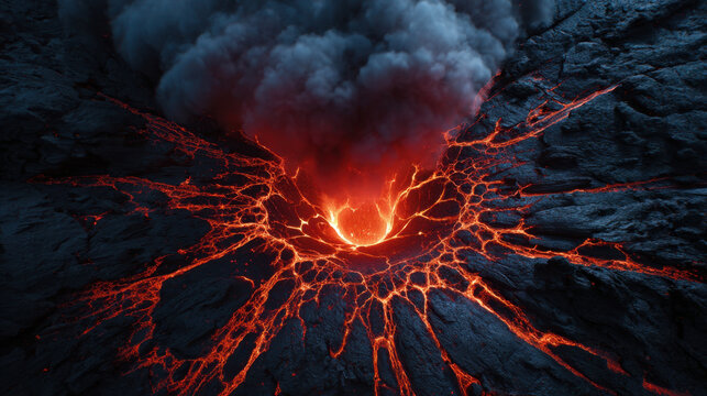 Molten lava magma fissure volcanic crater lava flow hot rock dark rock smoke plume fiery glow eruptive vent volcanic landscape