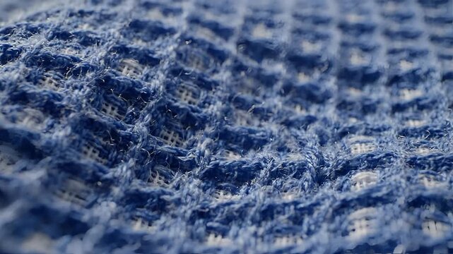 Closeup Macro Shot of Blue Waffle Knit Fabric Texture.