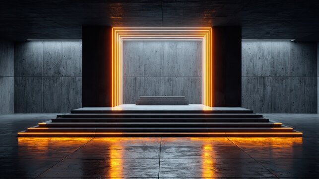 Illuminated entryway of a brutalist concrete structure features a glowing neon frame and tiered platform
