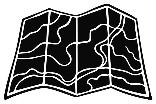 Abstract black and white folded map graphic with winding lines representing routes