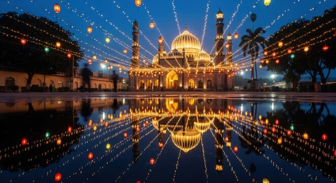 Illuminated mosque with dome and minarets reflected in water during nighttime celebration with floating lights.