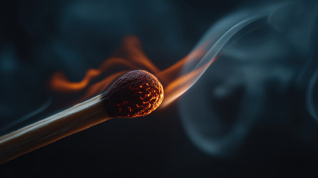 Macro close up of igniting match head with glowing ember and smoke