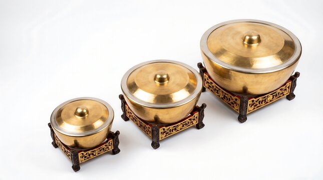 Set of Three Javanese Kenong Bronze Kettles &ndash; Diagonal Composition on White