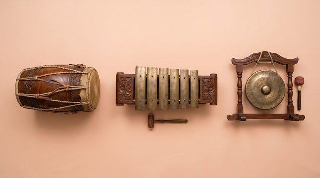 Minimalist Gamelan Instrument Ensemble Flat Lay &ndash; Saron, Kendang, and Kempul Concept