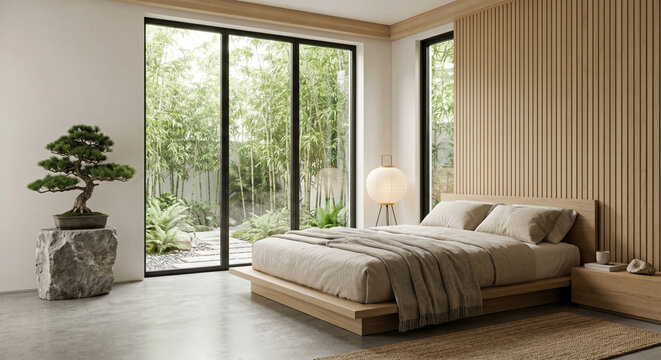 A serene Japandi-style bedroom. A low-profile light oak platform bed with beige linen bedding. Minimalist aesthetic combining Japanese functionalism and Scandinavian warmth. 