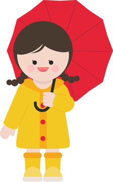 비오는날 귀여운 우비와 장화를 신고 빨강 우산을 쓴 소녀