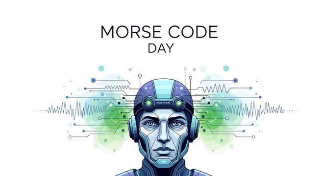 A vector illustration commemorating Morse Code Day features a stylized person wearing a communication headset against a backdrop of dot-dash signal patterns, conveying a vintage