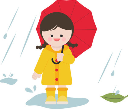 비오는날 귀여운 우비와 장화를 신고 빨강 우산을 쓴 소녀