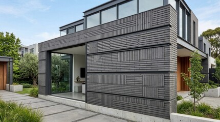 Fototapeta premium A modern house with a black facade and geometric patterns, featuring large windows and a concrete driveway.