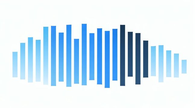 Dynamic blue audio waveform visualization with varying bar heights and shades of color, representing sound or data in a modern flat design graphic for digital interfaces