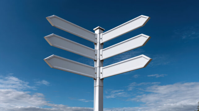 Directional signpost white signpost blank sign wayfinding sign arrow sign road sign metal post outdoor sign empty sign blue sky cloud sky travel direction guidance navigation route marker