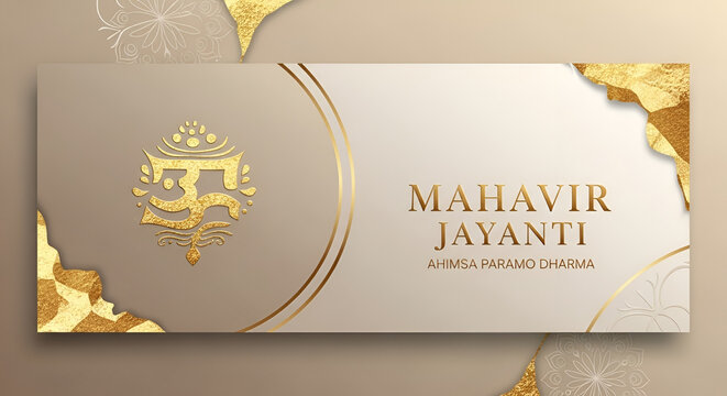 Mahavir Jayanti greeting card with Om symbol and golden Indian mandala designs on beige background
