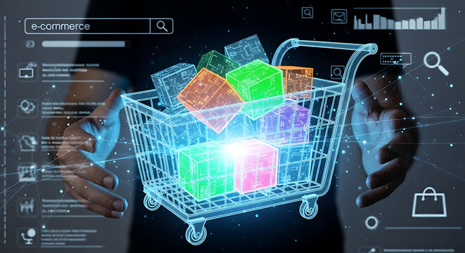A person holding a digital shopping cart with glowing cubes and e-commerce interface in the background