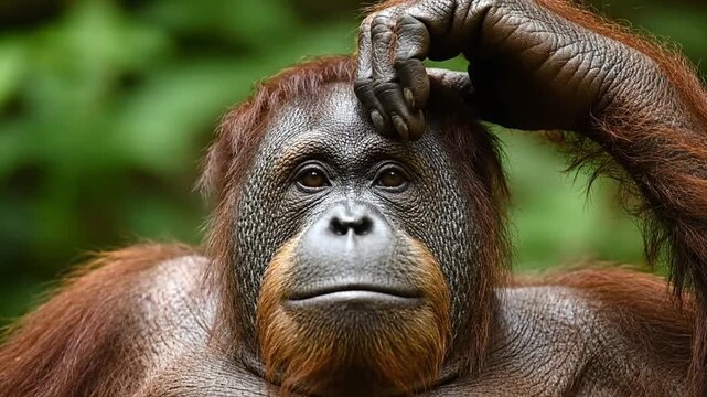 Orangutan pondering in jungle.