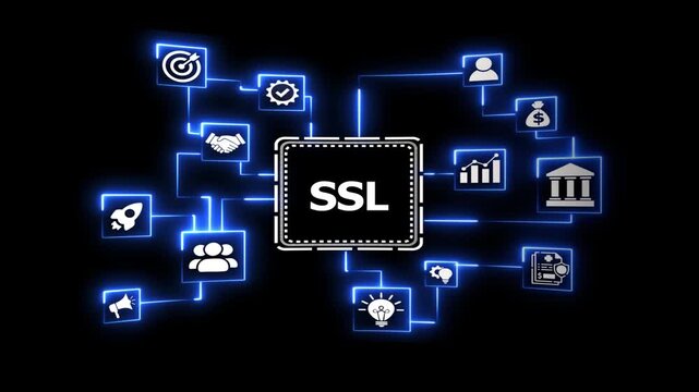 Digital ssl security protocol network connection. Dynamic motion graphics showing encrypted data chip with glowing business icons interconnected on black background.
