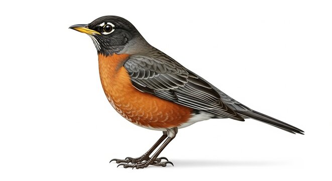 American Robin Bird Perched Isolated on White Background