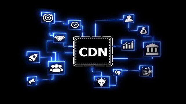 CDN network connected with business concepts motion. Digital network connections with business icons expanding outward from central CDN graphic, motion loop.