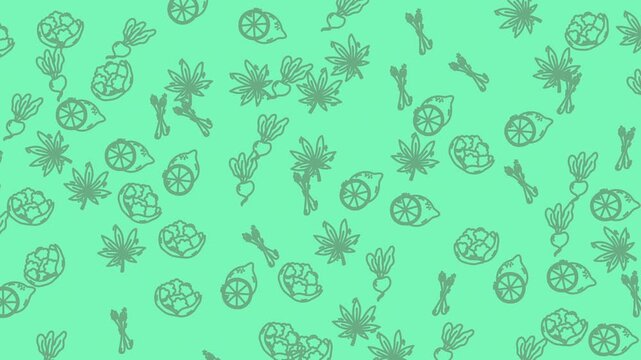 Repeating pattern of vegetables, bones, and cannabis leaves. Perfect for a unique, edgy print design or quirky packaging concept.