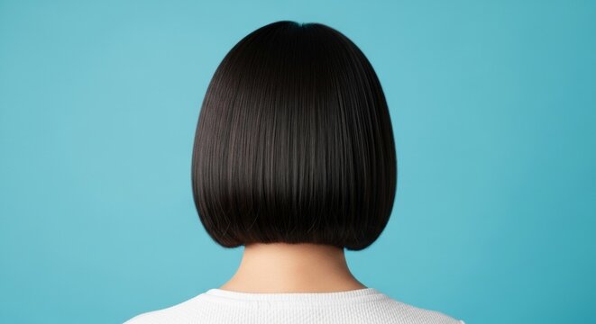 Back view of a woman with a sleek black bob haircut against a vibrant blue background