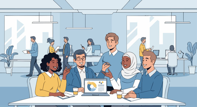 Group of professionals in modern office setting discussing data analysis