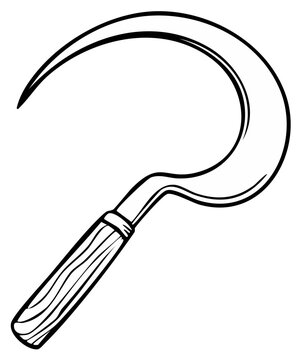 Curved steel sickle with wooden handle, traditional farming tool, agriculture, sharp blade, hand drawn vector illustration