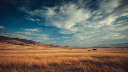 Fototapeta premium Serene Landscape of Expansive Golden Grasslands Under a Vast Blue Sky with Soft White Clouds and Rolling Hills in the Distance