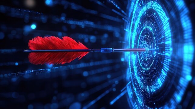 Eye level side view close-up red feathered arrow hitting glowing blue concentric digital target bullseye, horizontal right-pointing arrow with metallic shaft, futuristic dark blurred background
