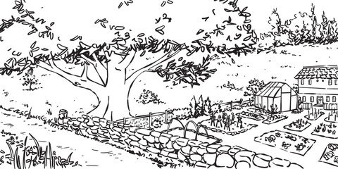Fototapeta premium Scenic rural backyard with garden plots and a large oak tree. Versatile graphic for sustainable agriculture articles, greenhouse cultivation guides, and minimalist nature-themed stationery.