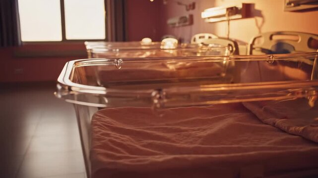 A Hospital Nursery Ready For Newborns With Empty Cribs And Bright Morning Sunlight