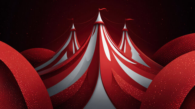 Red circus tent in dark background, abstract carnival scene with red and white stripes