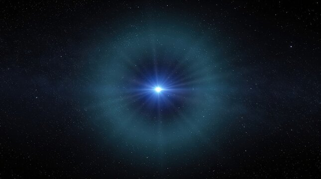 A bright white star shines intensely in the vast dark space, surrounded by a glowing blue halo and scattered stars.