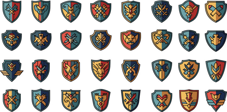 Heraldic shield vector illustrations with faction emblems and fantasy motifs