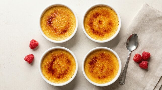 Homemade creme brulee dessert in white ramekins with caramelized sugar crust topped with fresh raspberries on light linen table setting closeup