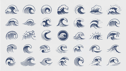Fototapeta premium A large collection of stylized black and white ocean waves, intricate sea foam illustrations perfect for graphic design and marine-themed projects