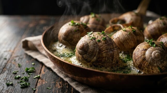 Freshly cooked stuffed clams in copper pan simmering on wooden table with herbs and steam, rustic seafood dish in warm cozy lighting, traditional Italian or Portuguese cuisine concept