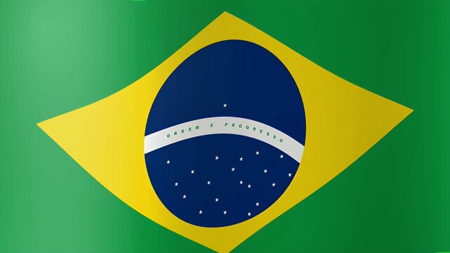 The national flag of Brazil ripples gracefully showing the green field yellow rhombus and blue globe with stars.