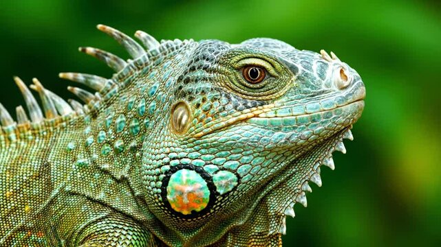Iguana close up with green background.