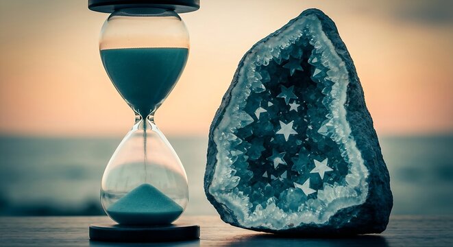 Brass and glass; hourglass contains "lightning" stars and indigo steam.