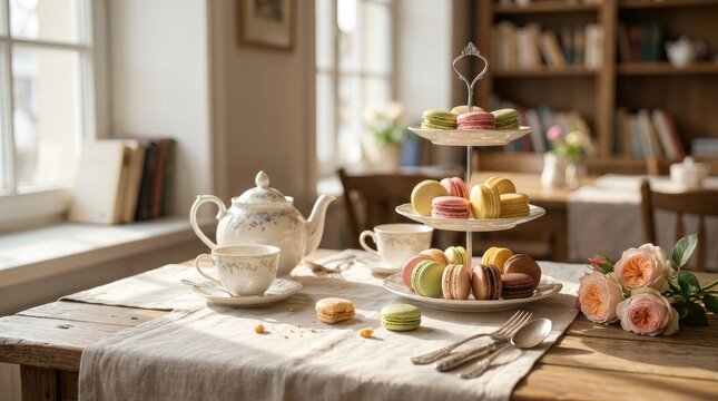 Elegant afternoon tea setup with floral teapot, tiered tray of colorful macarons, pastel cups, and fresh pink roses on rustic wooden table in cozy bright caf&eacute; or home kitchen