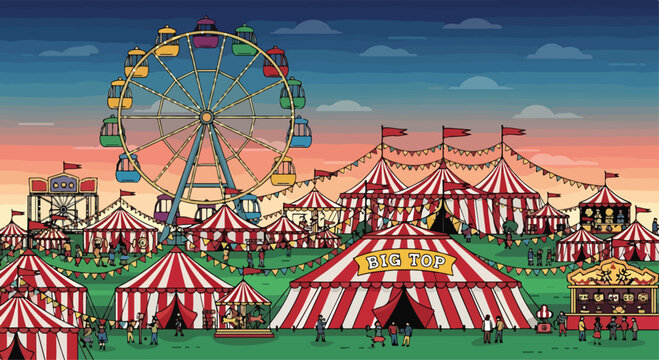 A vibrant colorful illustration of a lively fairground