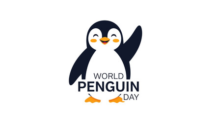 A cheerful penguin illustration celebrates World Penguin Day with a cute cartoon design, its flipper raised in a friendly wave, set against a clean white background in a simple, vector © Cintarsih